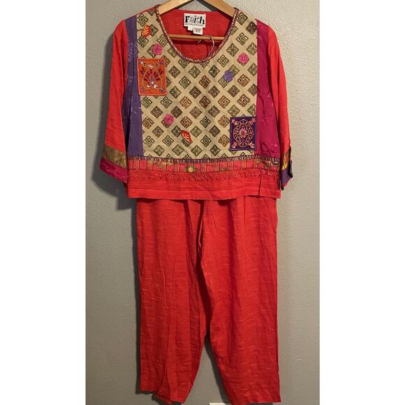 Faith by Celia Forrester 2 Piece Set Womens Small Red Patchwork Beaded Boho Y2K - Picture 1 of 9